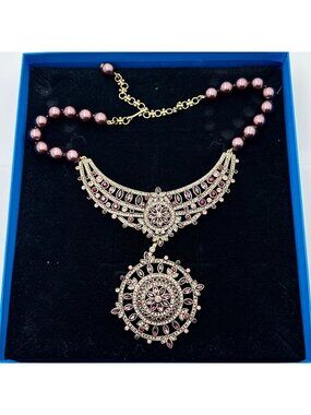 Heidi Daus Necklace Pink Crystal Faux Pearl Bronze Tone Pendant